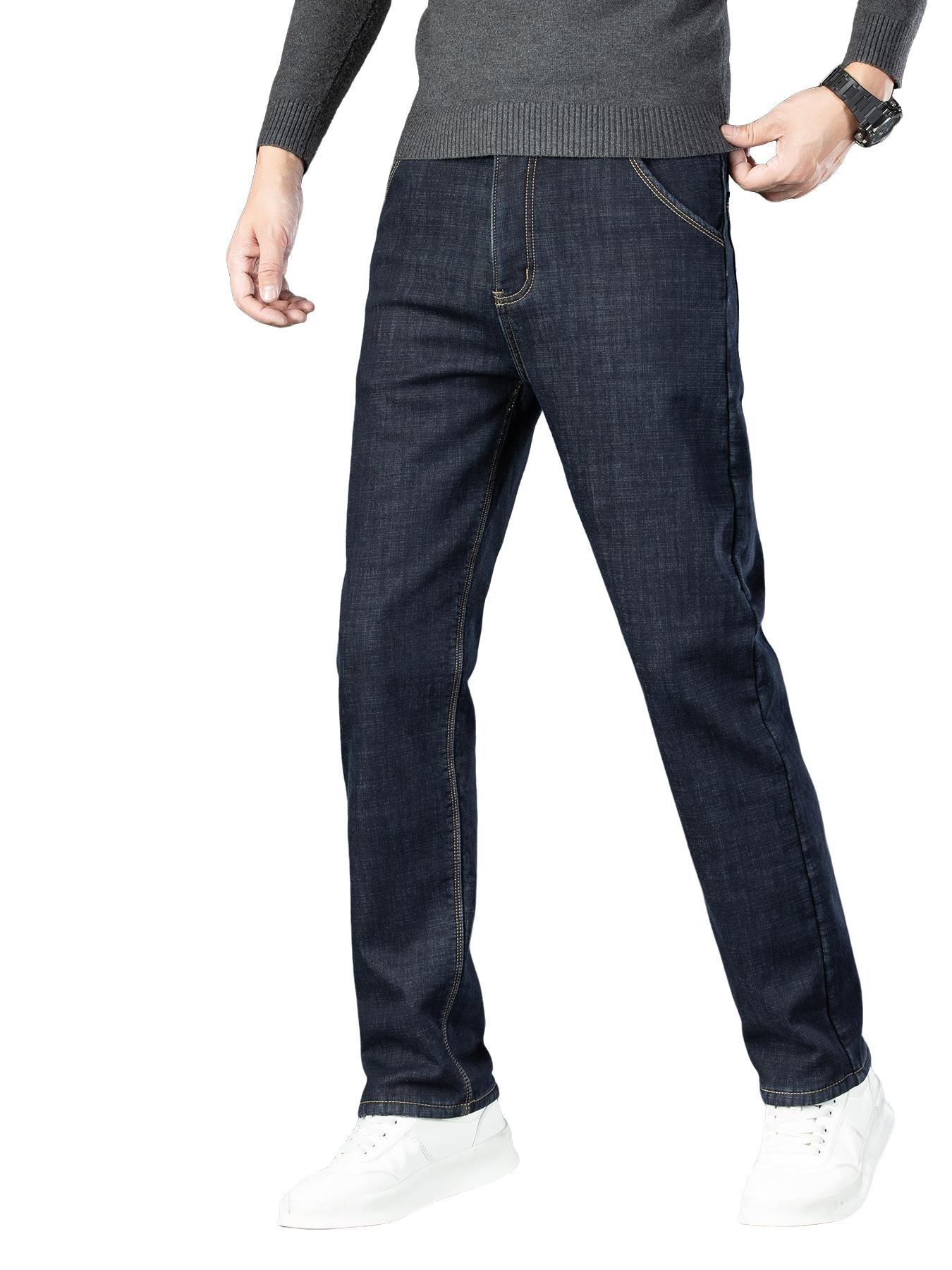 Men's Fleece Lined Denim Jeans, Loose Straight Leg Long Pants, Warm Fashionable Winter Washed Jeans, Casual All-Season Wear