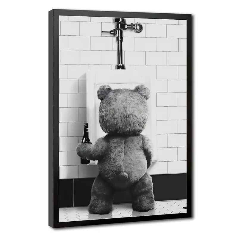 Bold Teddy Humor Beer-Themed Eco-Friendly Silk Print Poster, 1-Piece Artistic Cartoon Geo Print Design Wall Art, Waterproof Sun Protection Wood Home Decoration for Kid Room (Multi-Size)