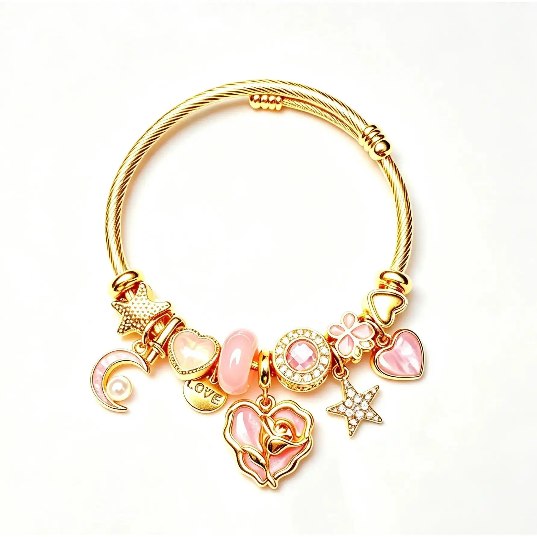 14K Gold Plated Twist Cable Open Cuff Bracelet, Sparkling Moon Star Charms, Exclusive Design, Lightweight Tarnish Free, Elegant Everyday Statement Jewelry, Perfect Gift