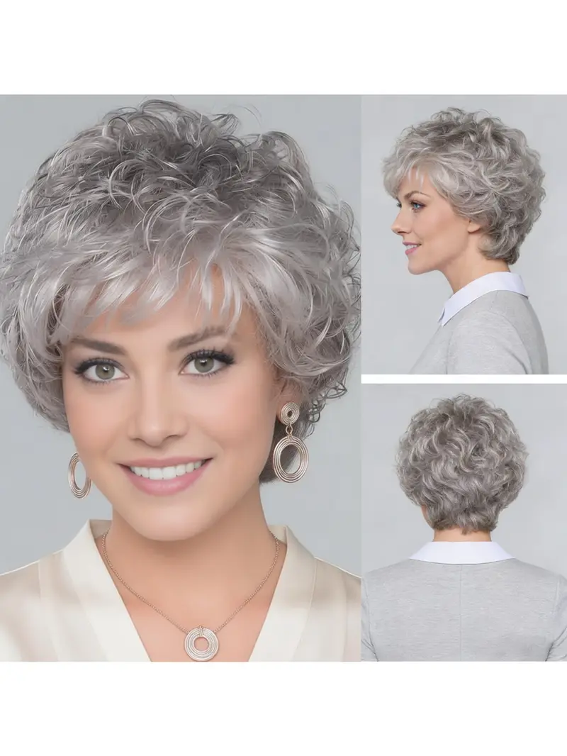 Short Grey Wigs Curly Wigs for Women Gray Pixie Cut Wig with  display picture 1