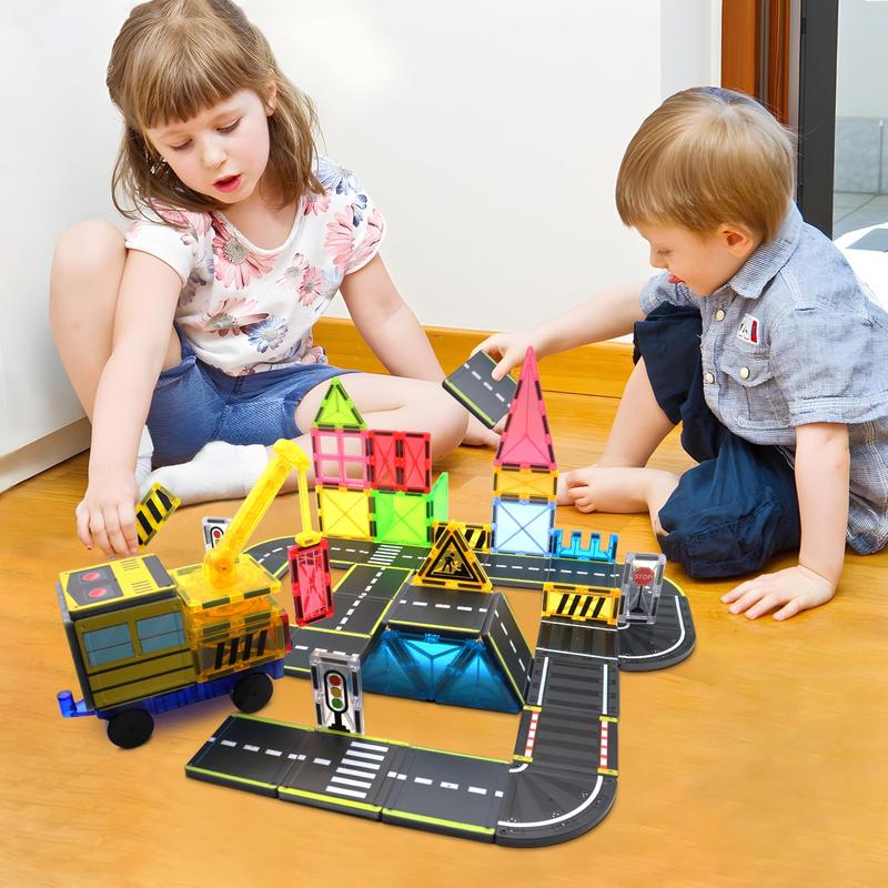 Magnetic Building Blocks Road Assembly Toy Set, Stem Magnetic Blocks, Learning Sensory Children Birthday Toy, Creative Construction Toys, Magnetic Building Tiles