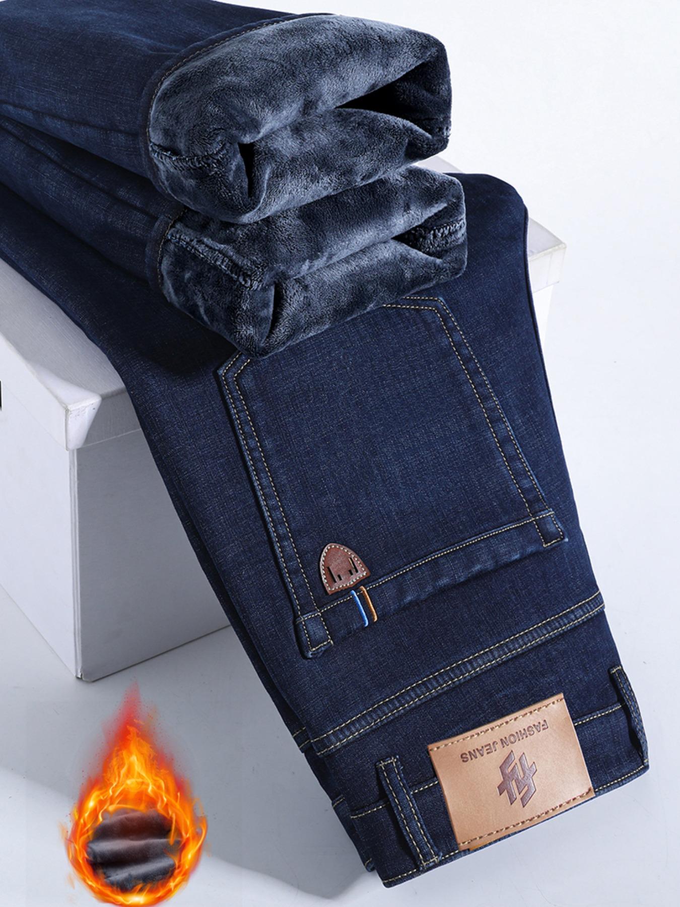 Men's Denim Jeans with Topstitching, Loose Straight Leg Long Pants, Stretch Fashion Pants for Fall & Winter