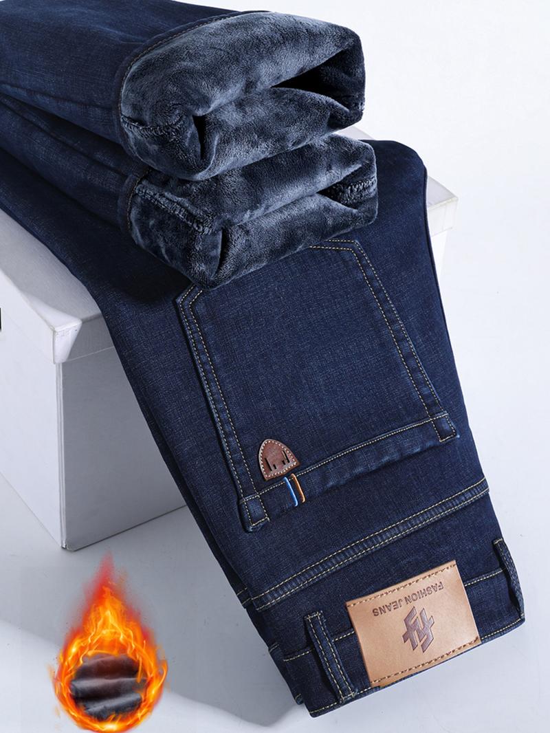 Men's Denim Jeans with Topstitching, Loose Straight Leg Long Pants, Stretch Fashion Pants for Fall & Winter