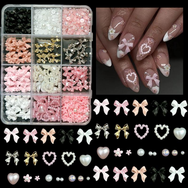 1 Box Pure Color Bow Resin Nail Charms Minimalist Half Round Pearl Alloy Bows Nail Art Decorations DIY Phone Case Nail Crafts