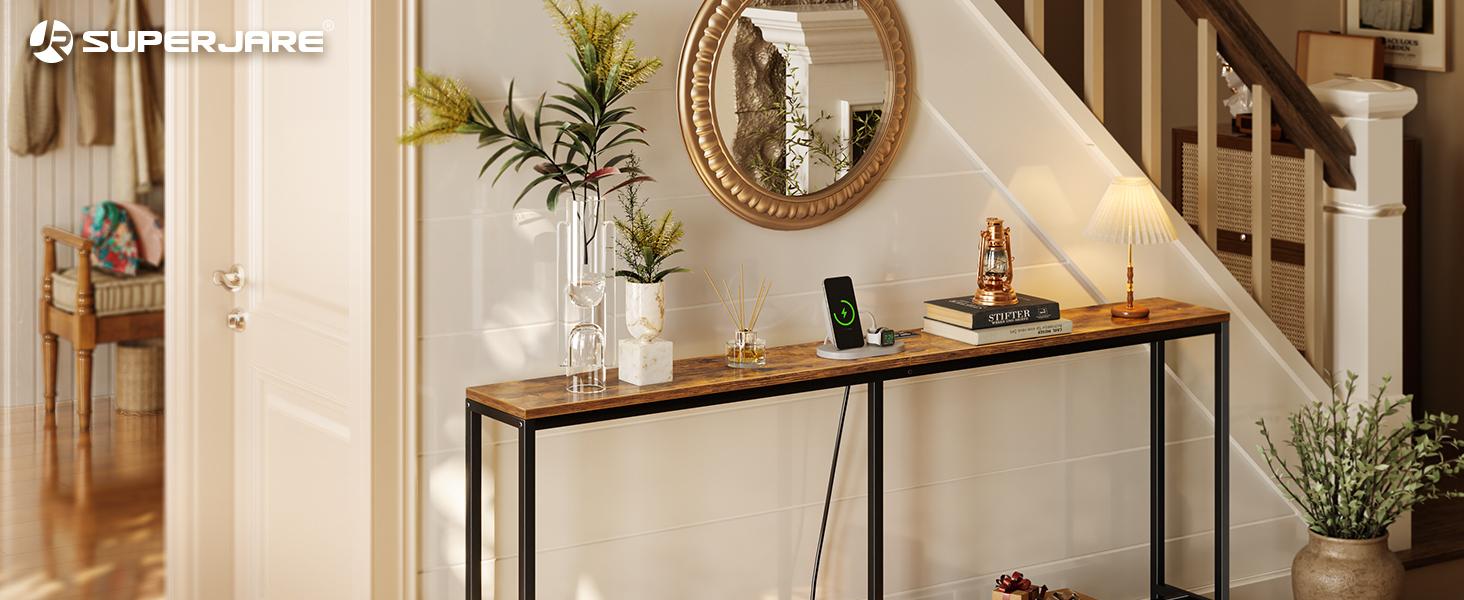 SUPERJARE 70 Inch Console Table with Outlet, Sofa Table with Charging Station, Narrow Entryway Table, Skinny Hallway Table, Behind Couch Table, for Living Room