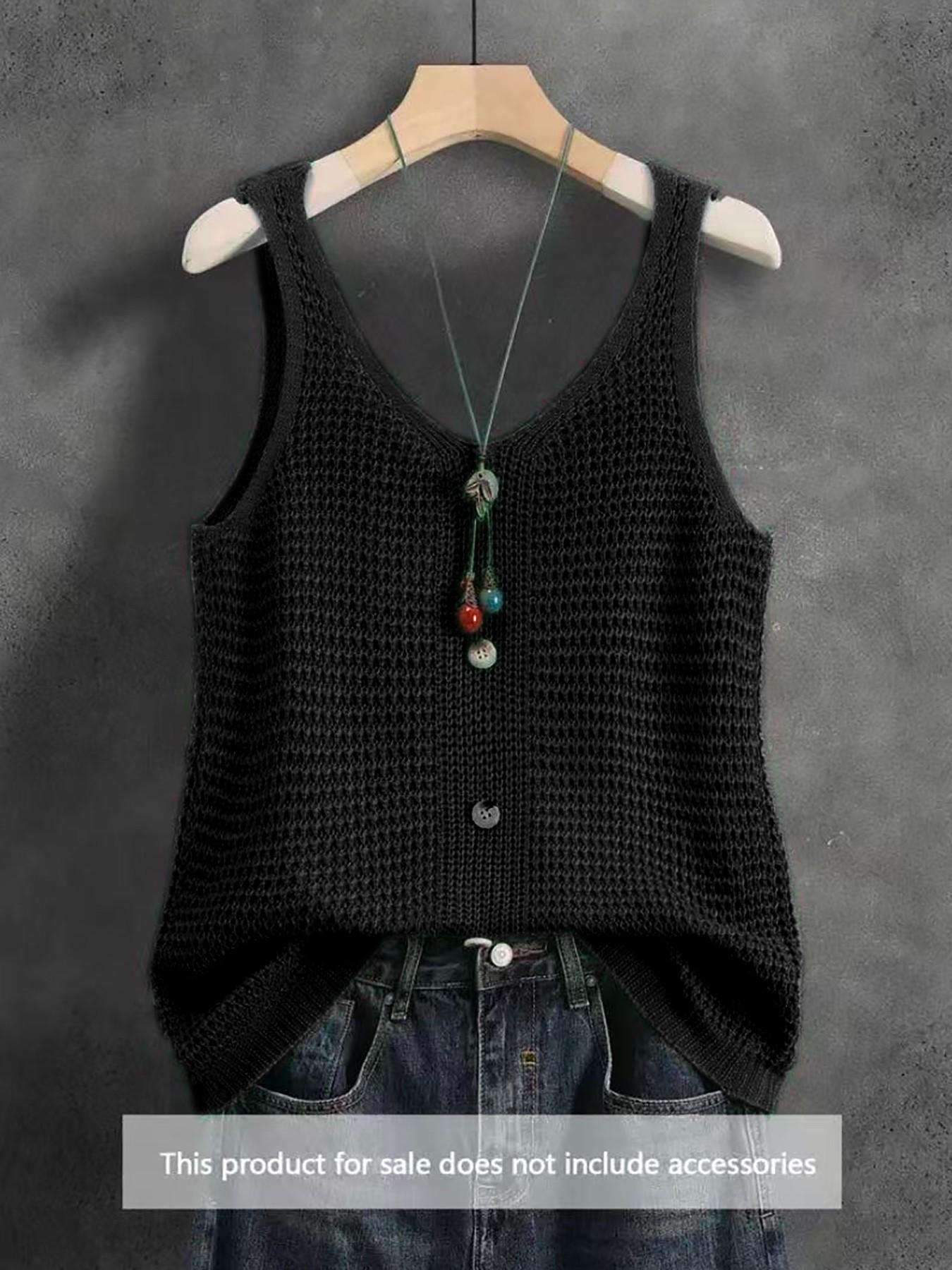 Women's Sleeveless V-Neck Knit Top, Summer Outerwear, Slimming Comfortable Loose Fit, Elegant Casual Design, Breathable Mesh Vest