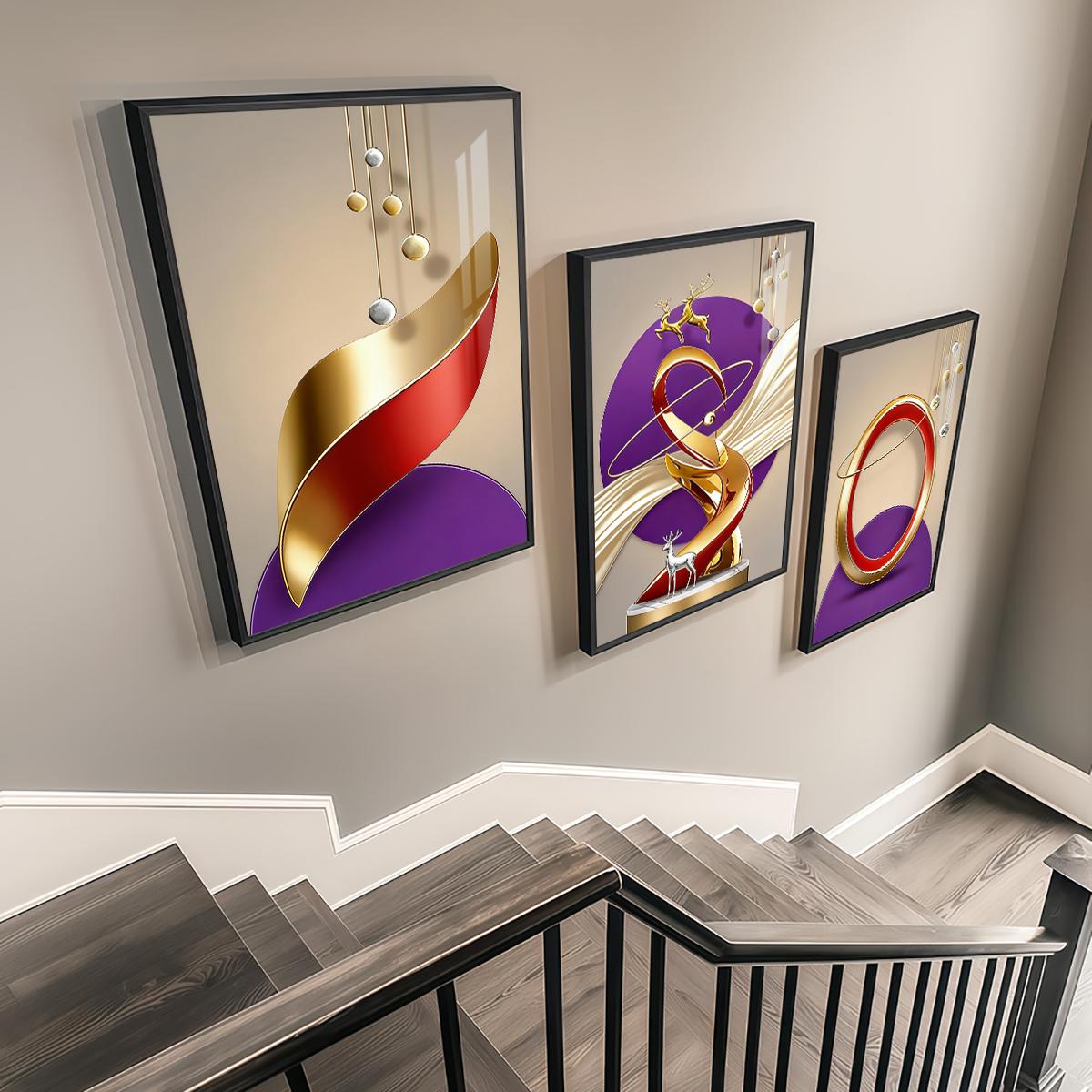 3 Counts Aluminum Alloy Framed Painting, Abstract Golden And Red Geometric Shapes With Deer Pictures, Home Decoration For Living Room, Bedroom, Office, Restaurant, Hallway Wall Decor, Odorless Print Artwork, Luxury Perfect Gift For Friends And Family