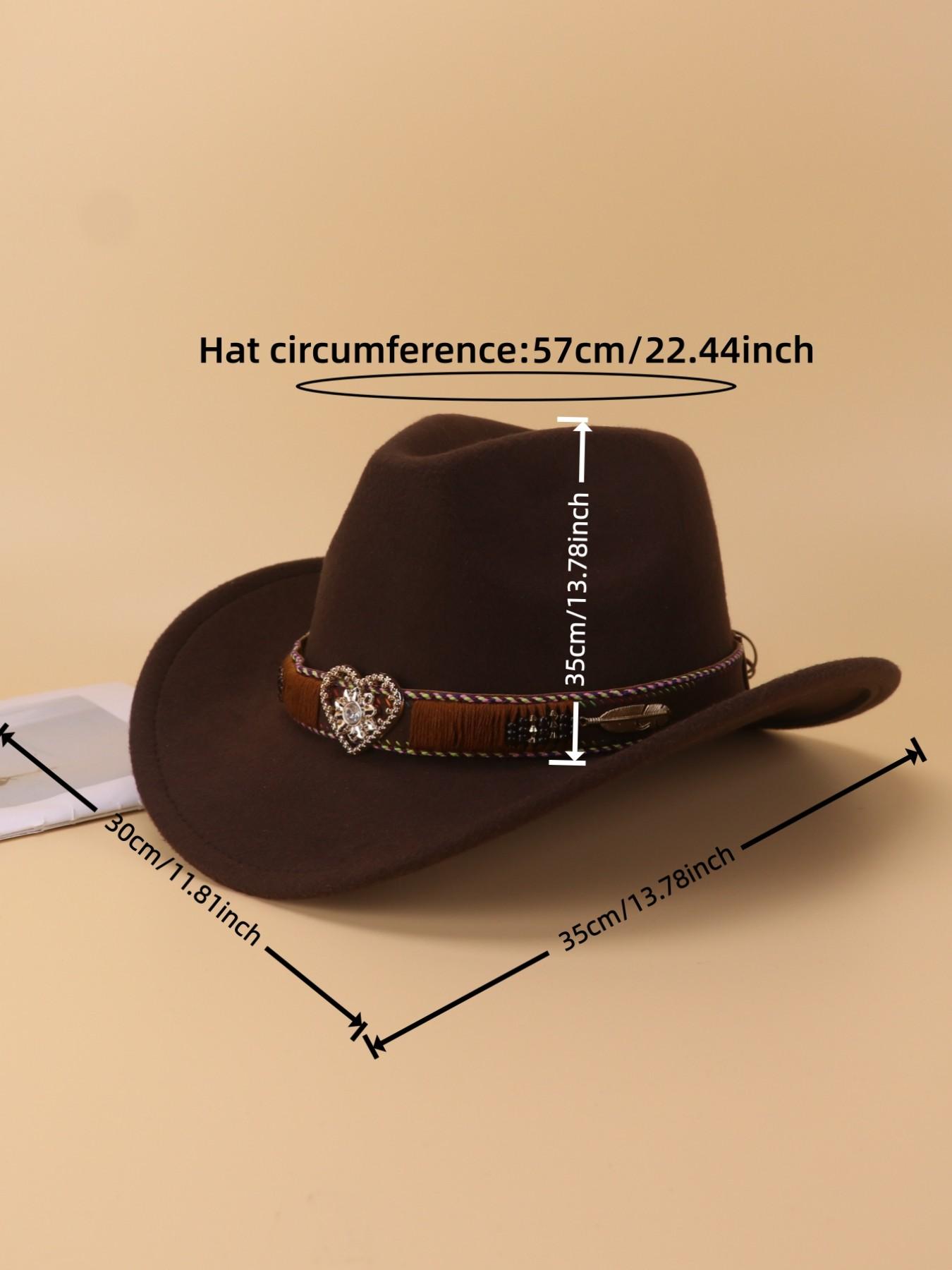 1PCS Unisex Rhinestone Heart Decorative Western Cowboy Hat, Vintage Polyester Style, Perfect for Western Theme Parties, Casual Wear, Daily Use