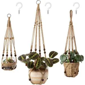 3 Pack Macrame  Hangers Indoor Different Size  Planter Basket Flower Pot Holder with Beads No Tassels 35"/29"/23", Medium, Brown
