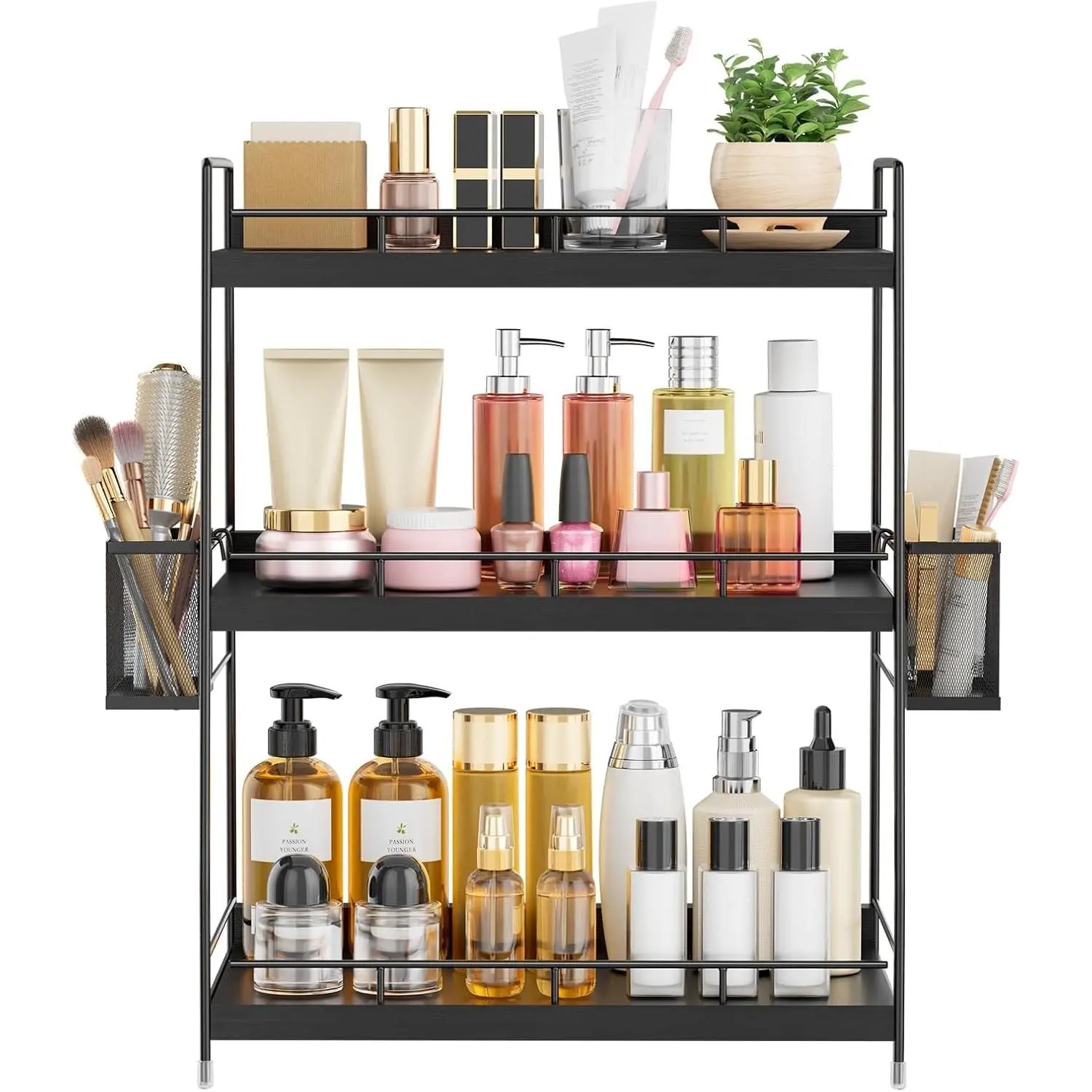 3 Tier Bathroom Counter Organizer with Side Baskets, Wooden Vanity Shelf
