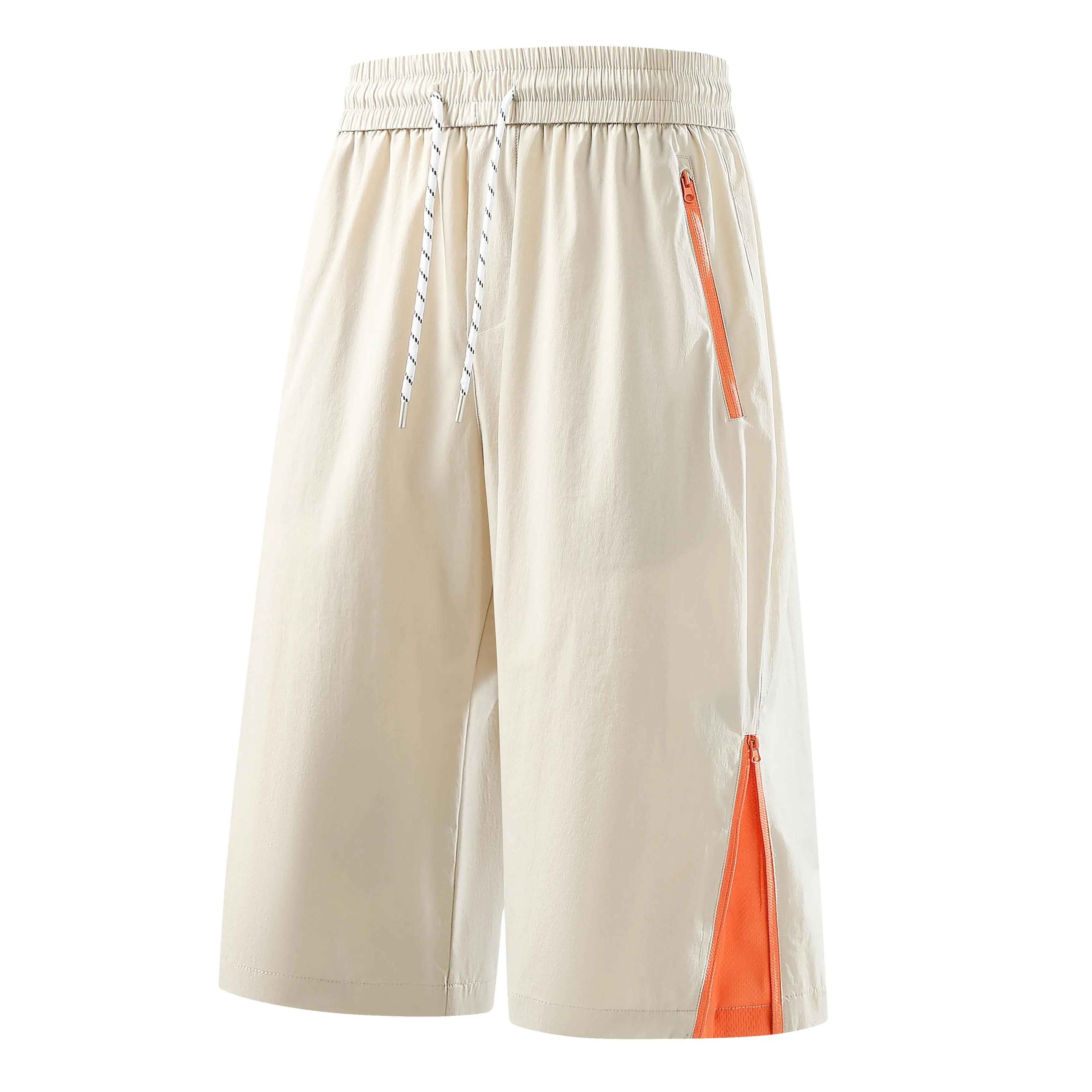 Breathable Bermuda Style Men's Shorts - Above the Knee, Color Contrast Zipper Pockets, Loose Elastic Waist, Quick Dry Ice Silk, Lightweight Summer Casual Streetwear Basketball Shorts