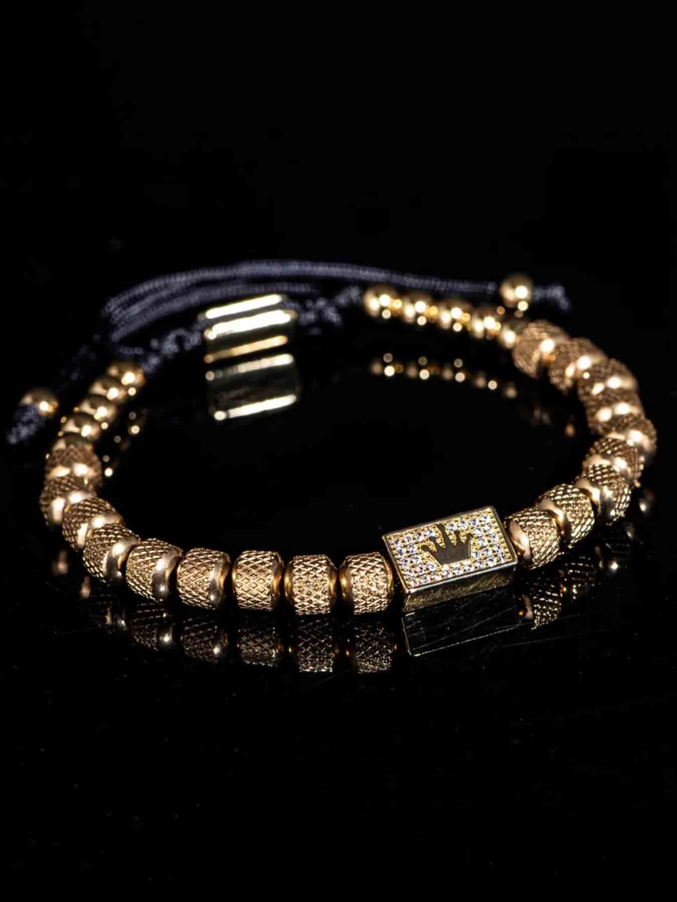 Vintage Stainless Steel Beaded Zircon Crown Handwoven Bracelet, Casual Versatile Men's Trendy Party Adjustable Bracelet, Beaded Bracelets