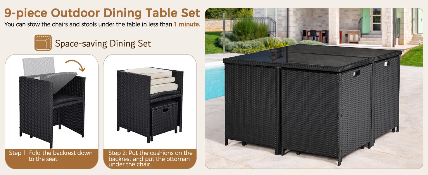 Yaheetech 9-Piece Patio Dining Sets, Outdoor Space Saving Rattan Chairs with Glass Table, Wicker Sectional Conversation Furniture Set with Removeable Cushions, Black/Beige