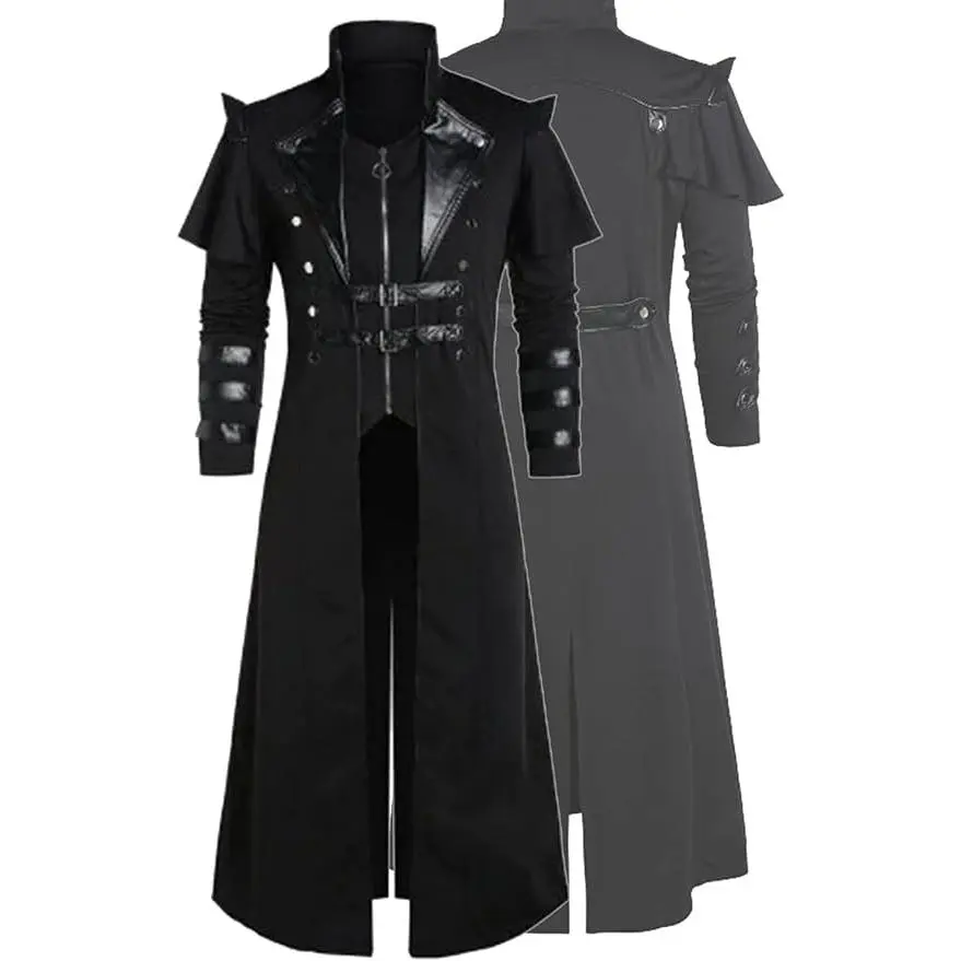 Men's Black Steampunk Gothic Double-Breasted Zipper Long-Sleeve Trench Coat Jacket - Menswear with Geometric Accents for Halloween, Party Cosplay Medieval Punk Outfits