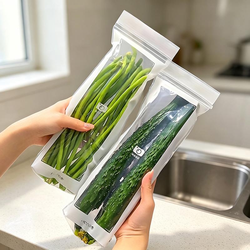 50pcs Grade PE Plastic Long Strip Storage Bags with Snap Buttons - Airtight Seal Kitchen Preserving Containers, Disposable Durable Transparent, Space-Saving for Refrigerator Fruits, Meat