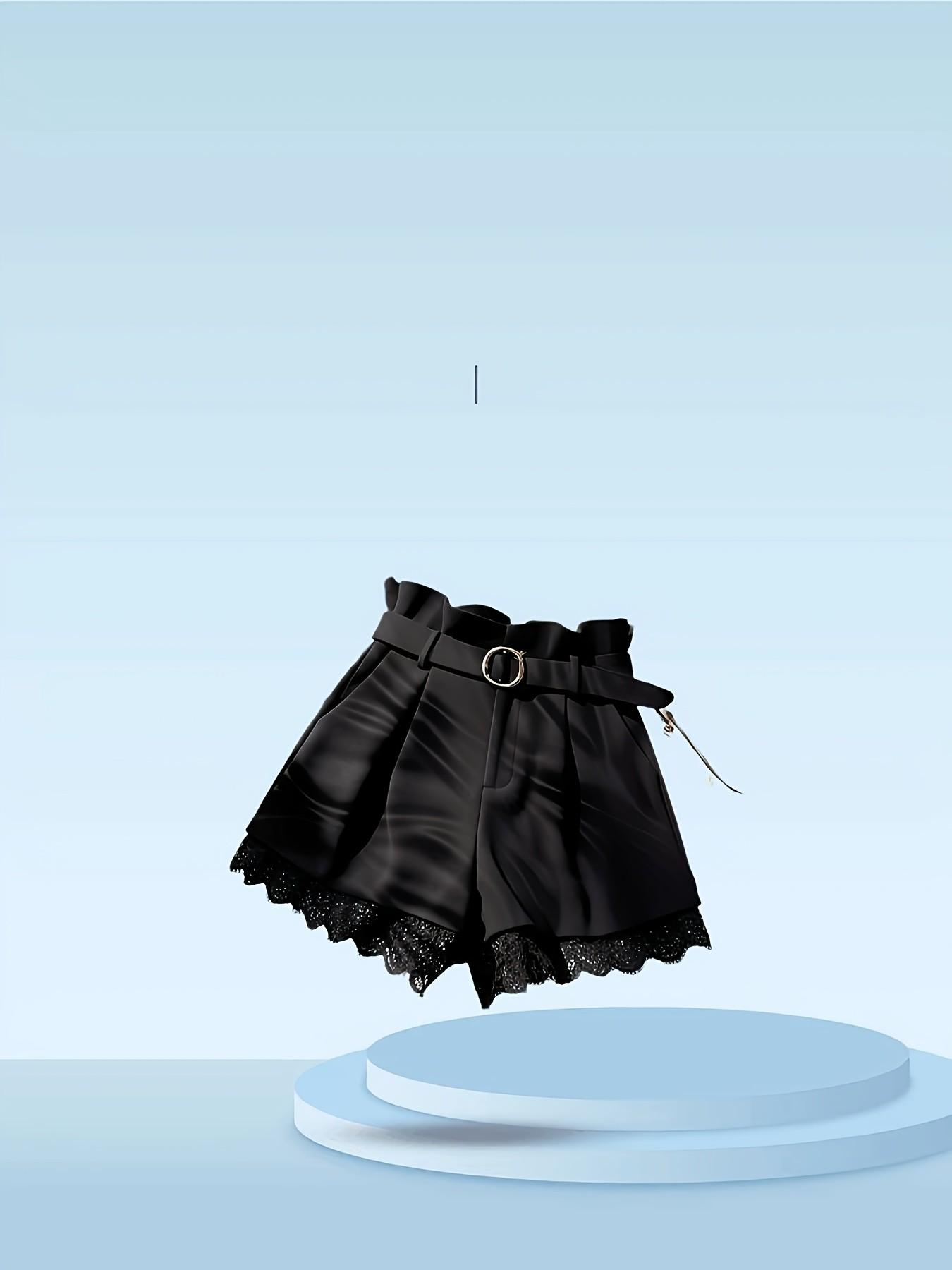 Elegant Patchwork Contrast Lace Shorts, Casual Style Fitted Natural Waist Pants, Button Fly Closure, Includes Belt, Women's Fashion