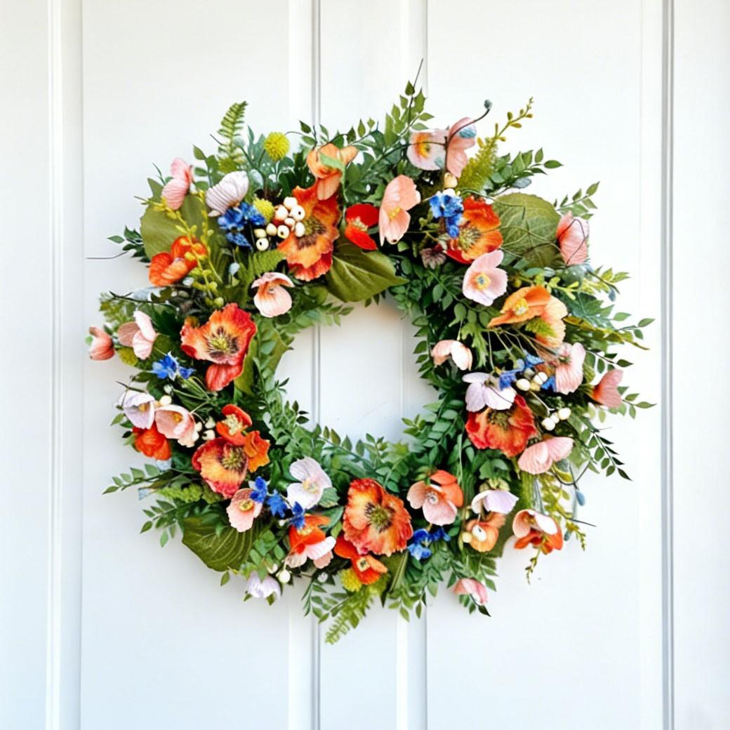 Summer Poppy Flower Ring, Realistic Poppy Front Door Wreath, Handmade Home Porch Party Decoration, Plastic Material, Daily Use