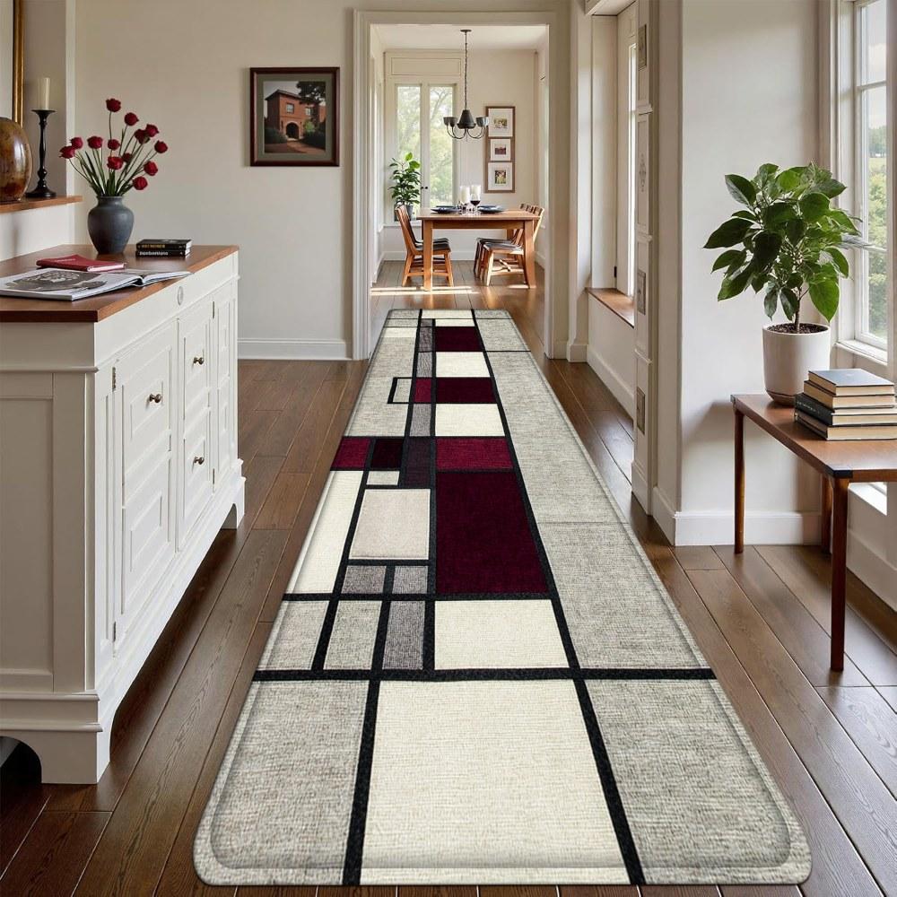 1PC， Black Red Gray Geometric Splicing Patterned strip rugs, home décor, bathroom mats, entryway mats, bathroom non-slip mats, indoor entrance rugs, bedroom bedside mats, kitchen mats, hallway rugs, flannel sponge rugs, hallway runner rugs