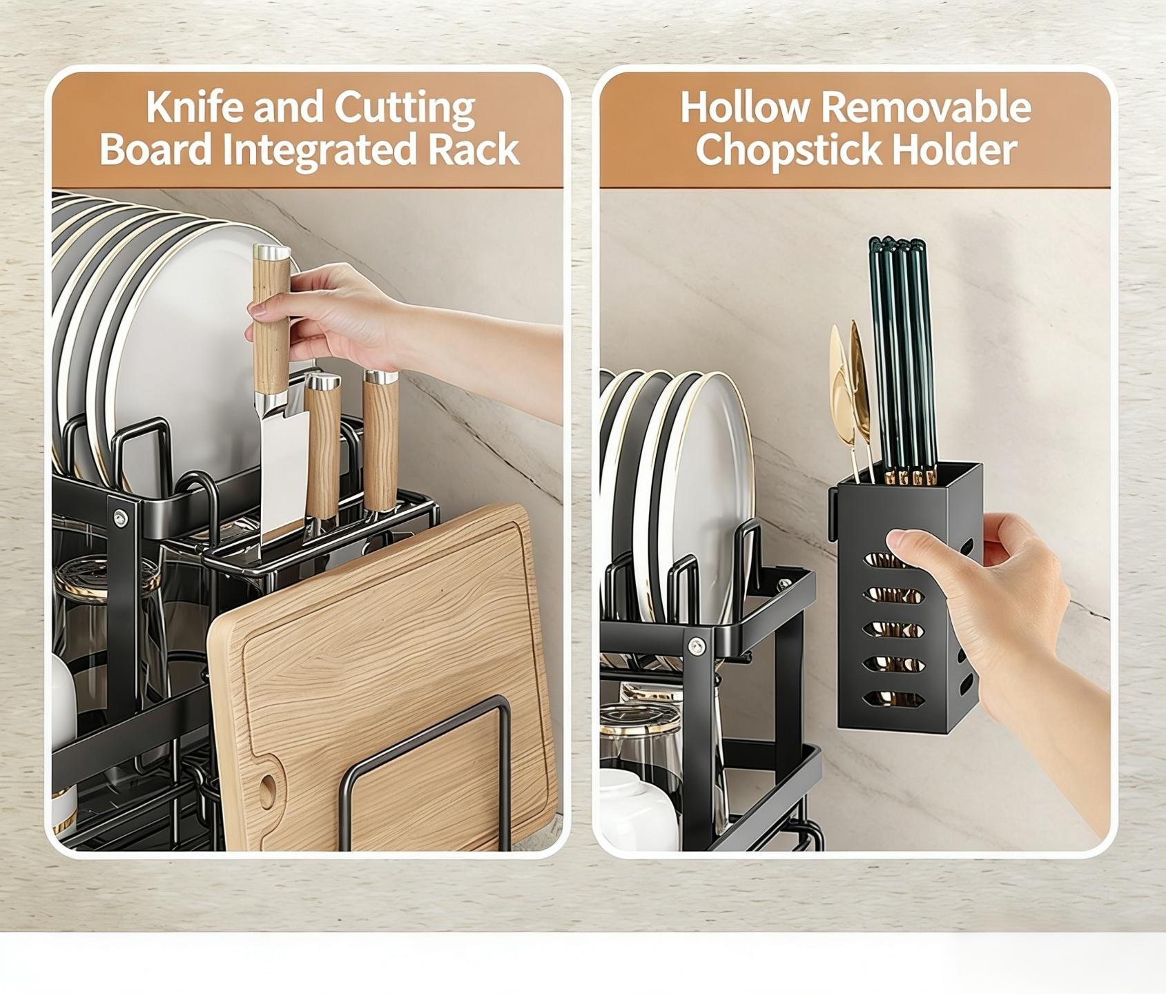 Two-Tier Large Metal Dish Rack for Kitchen Countertops, Space-Saving & Durable Design, Includes Slots for Knives Forks Cup Holders