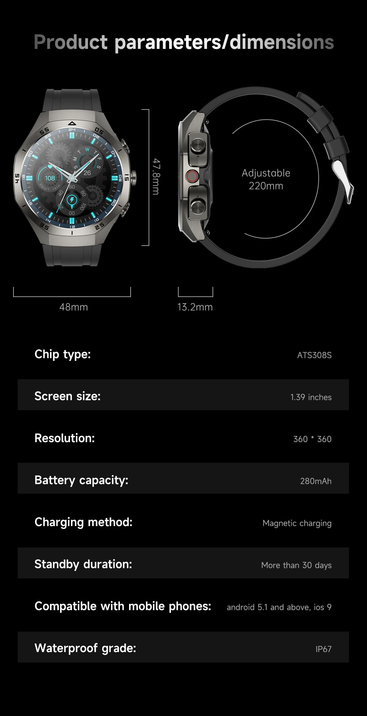 F33 Smart Watch for Men with Built in Earbuds Bluetooth Calling 139 Inch HD Round Display Heart Rate Sleep Blood Oxygen Tracking Daily Office Wear Business Tech Style Fitness Tracker