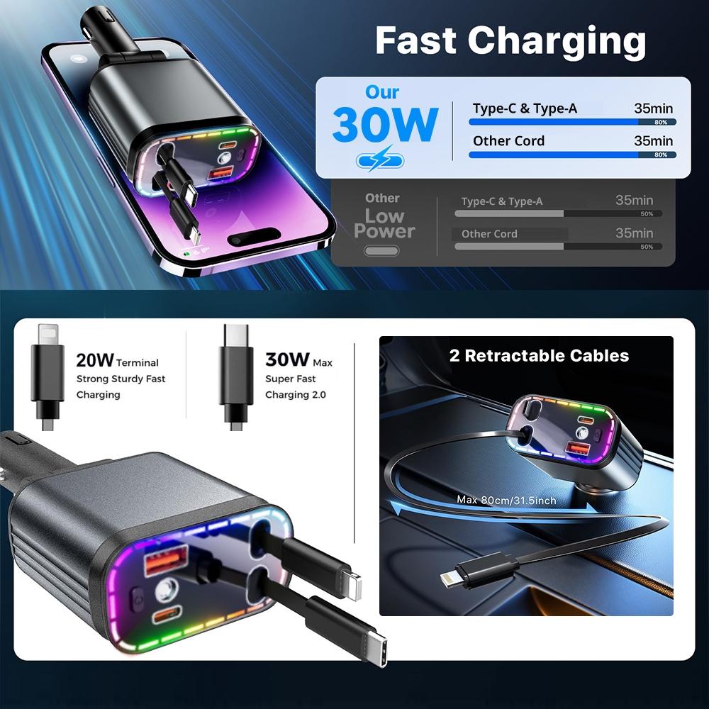 Decorative Starry Sky Light with 4 in 1 Retractable Car Charger Adapter, Fast Charging Car Charger, Fast Charging Solution, USB & Type C Ports Charger Compatible with iPhone & Android, Valentine's Day Gift for Husband Wife Interior Decor Accessories SUV
