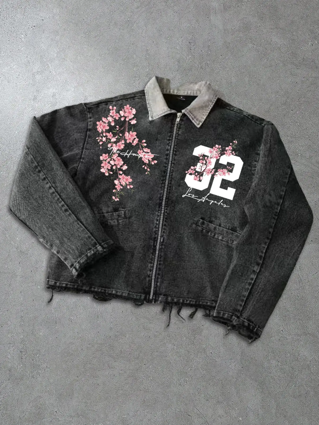 Unisex Vintage Washed Black Denim Jacket Y2K Streetwear Cherry Blossom Sakura Floral Print Oversized Zip Up Jean Jacket Raw Hem City Graphic Coat