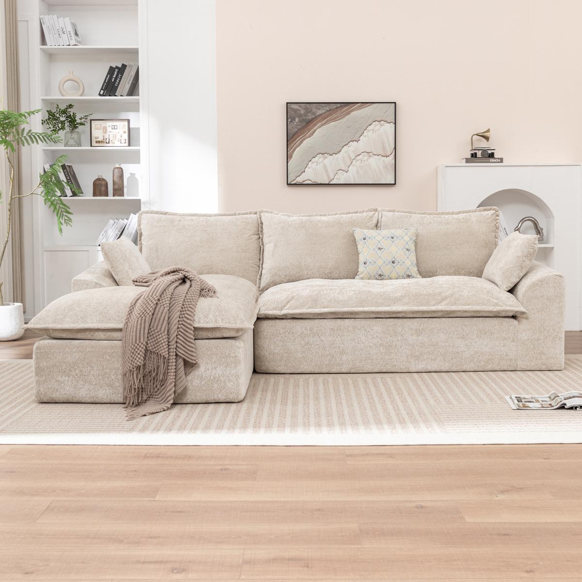 Aobtkel®103 " L Shaped Modular Couch, Cloud Boneless Couch with Deep Seats & High Back , Upholstered Fabric Sofa, No Assembly Required(Beige)#Summervibes