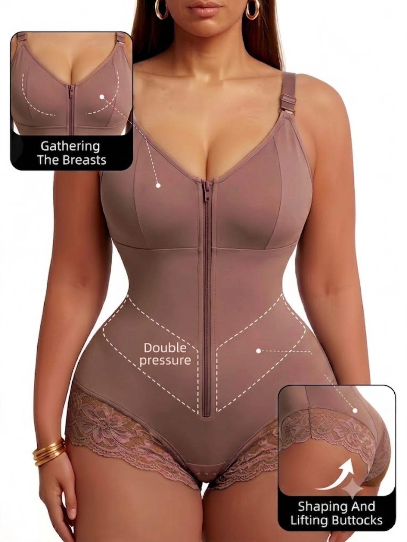 Colombian Shapewear, Fajas, Women's Solid Color Lace Trim Anti-Slip Leg Hem Jumpsuit, Front Zipper V-Shaper Belt Shapewear Bodysuit, Natural Lift Body Shaper, Double Compression Contouring Romper, Waist Trainer, Suitable For Training Or Sports, Aesthetic
