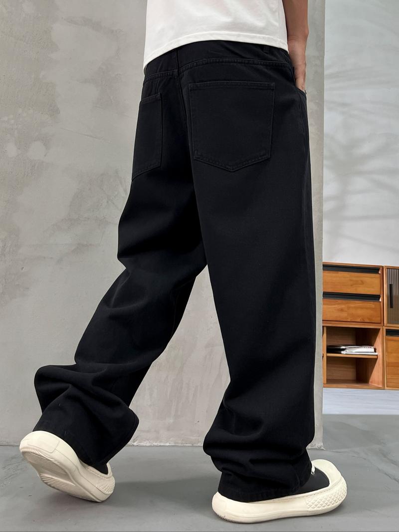 Men's Solid Color Wide Leg Jeans, Loose Casual Comfy Denim Trousers for Daily Wear, Fashion Men's Bottoms for All Seasons