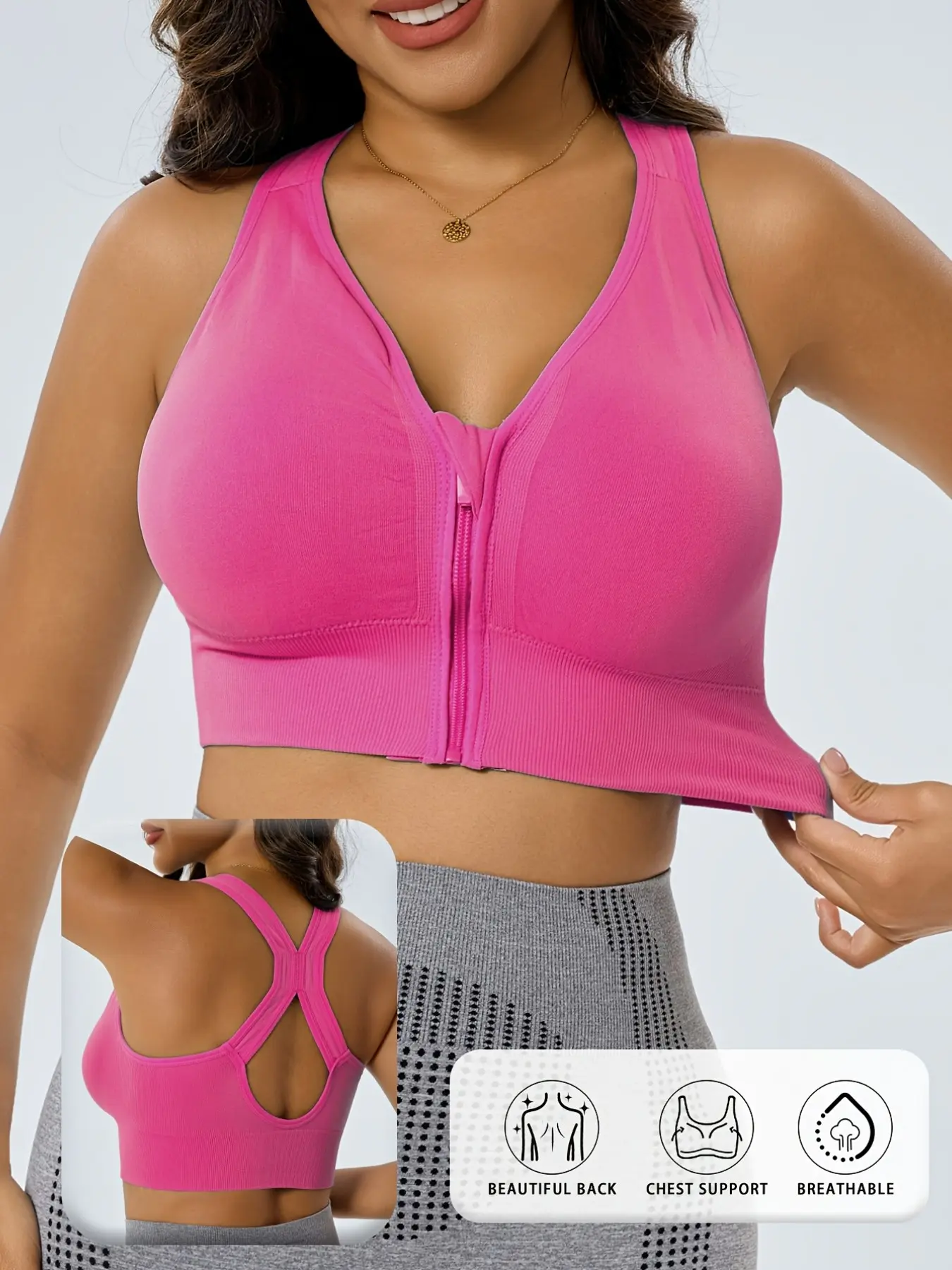Women's Front Zipper Sports Bra with Full Coverage Support for Large Bust, Wire-Free, Shock-Absorbing, and Breathable for Running and Yoga, Suitable for All Seasons, Wireless Sports Bras