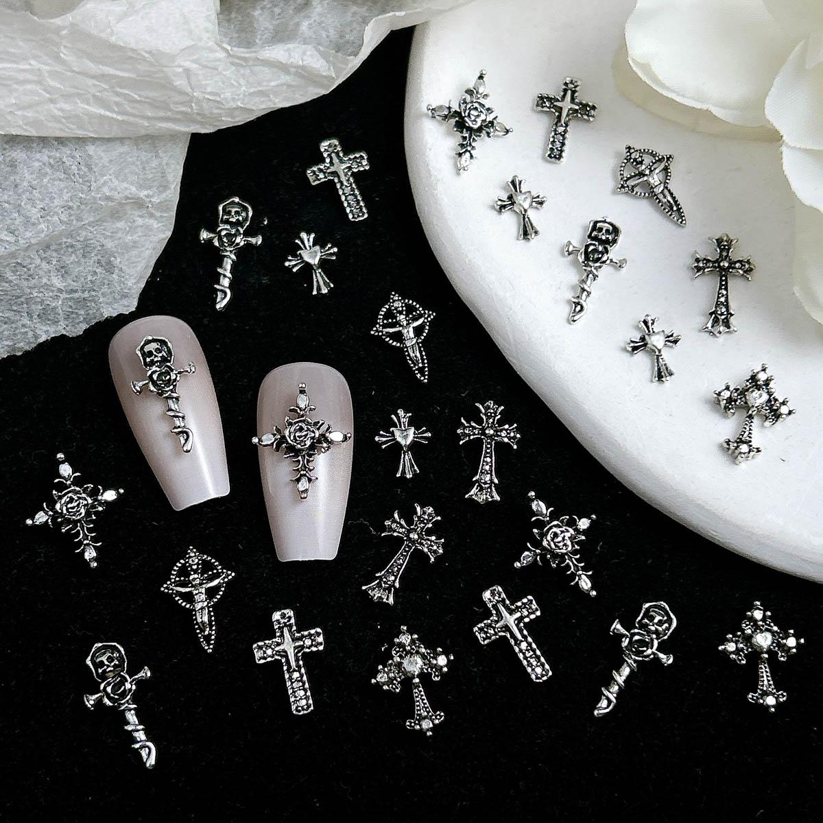100PCS Punk Style Alloy Cross Nail Charms 3D Heavy Dark Gothic Cross Mixed Nail Art Decorations DIY Cool Nail Designs