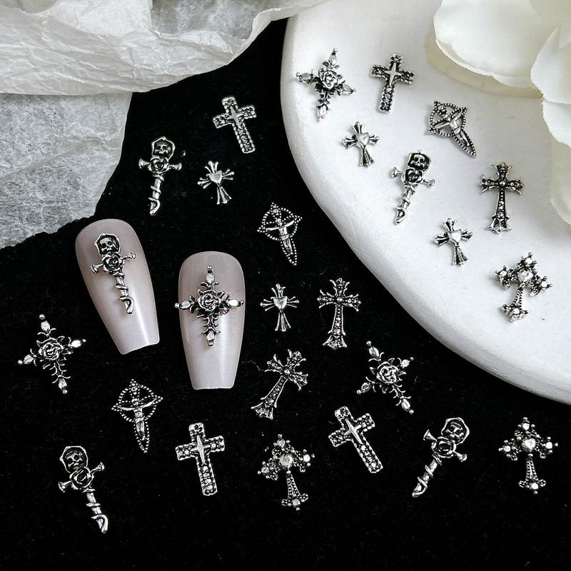 100PCS Punk Style Alloy Cross Nail Charms 3D Heavy Dark Gothic Cross Mixed Nail Art Decorations DIY Cool Nail Designs