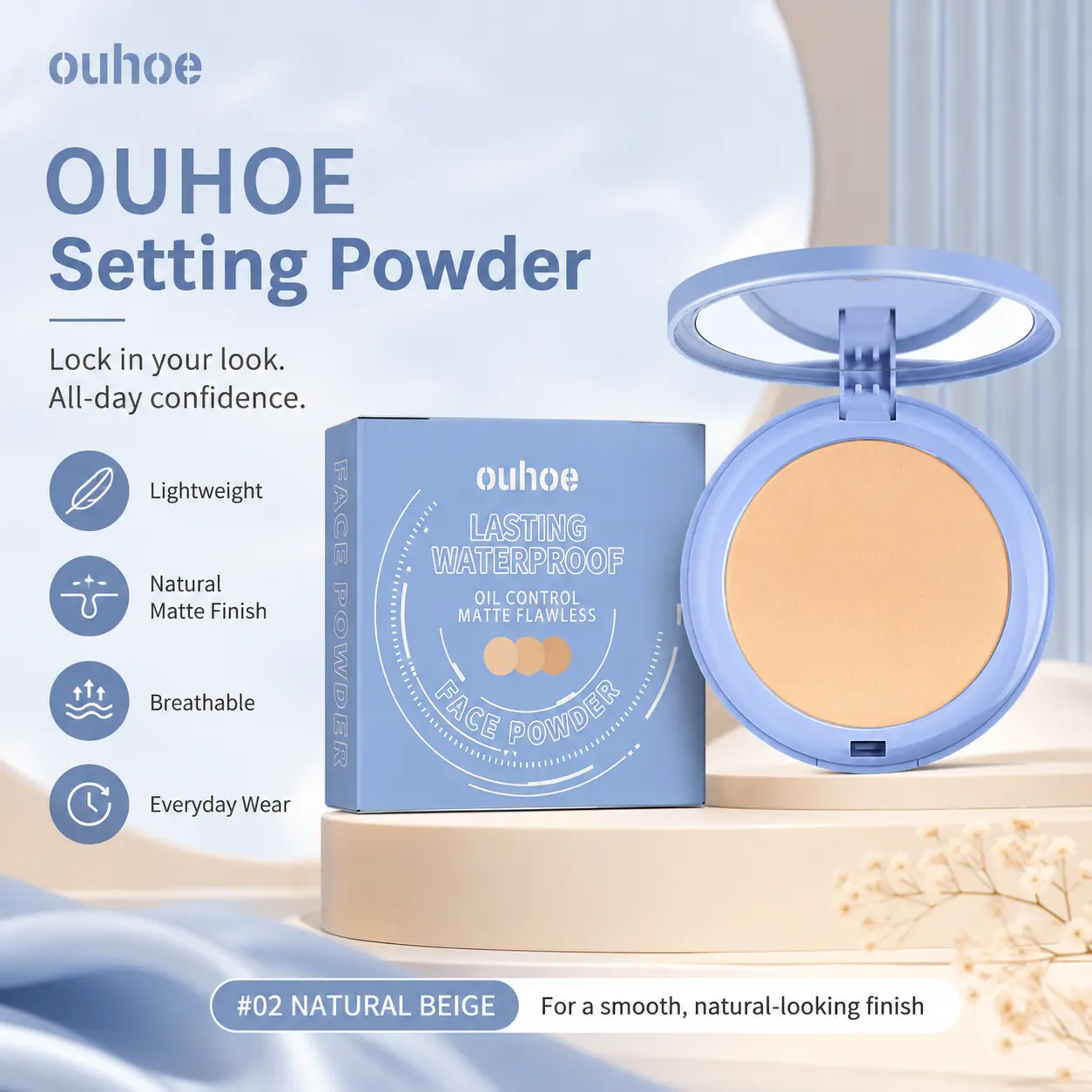 OUHOE #02 Natural Beige Pressed Setting Powder - Mattifying, Lightweight, Oil-Control, Breathable Compact for Oily Skin Daily Touch-Up Apply, Neutral Shade #02 Matte Color Powder