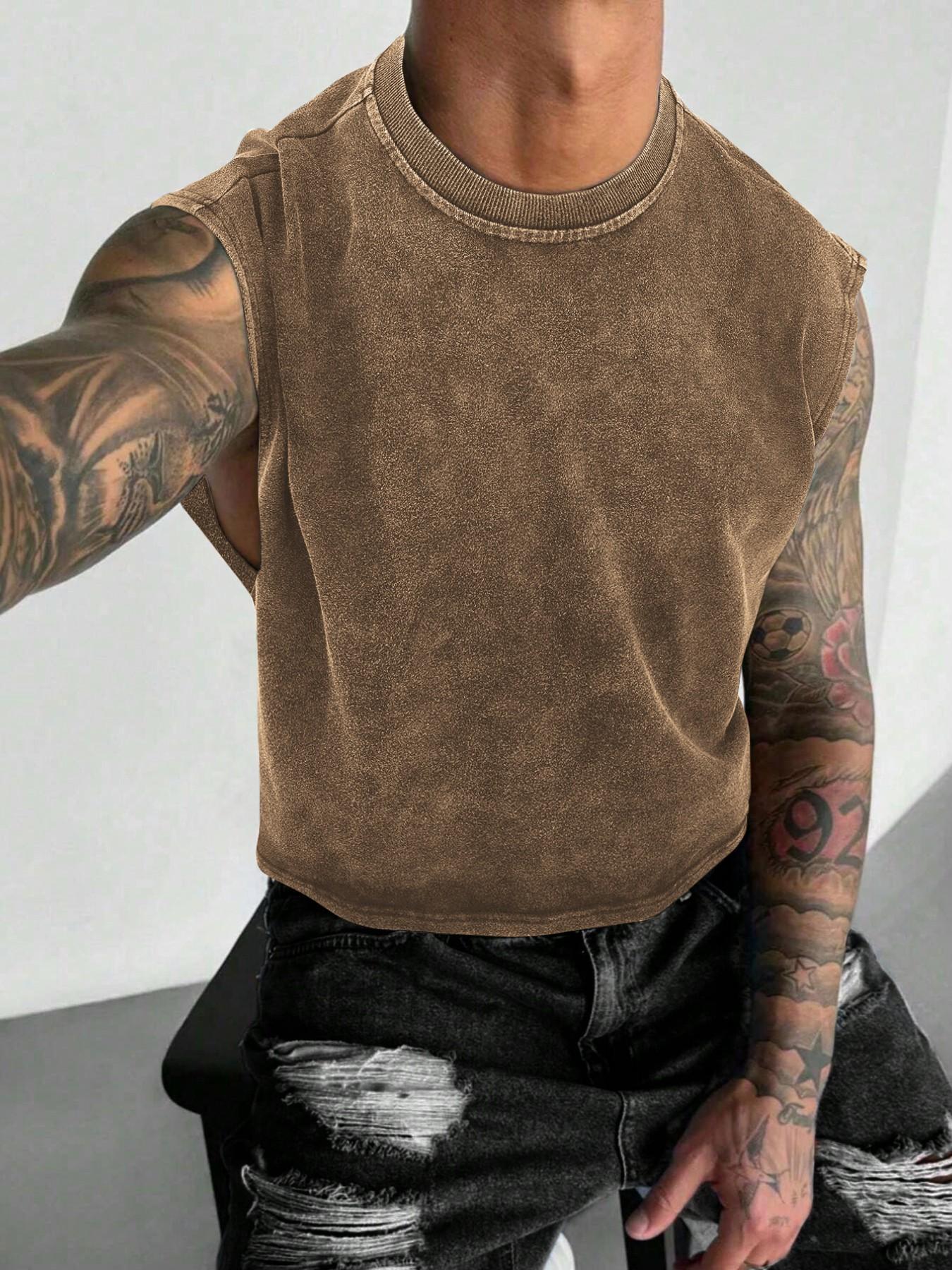 【TDOTW】Men's Washed Sleeveless Fitted Casual Plain Vest, high-quality cotton, all-day wear, street culture effect, enhance comfort and fashion