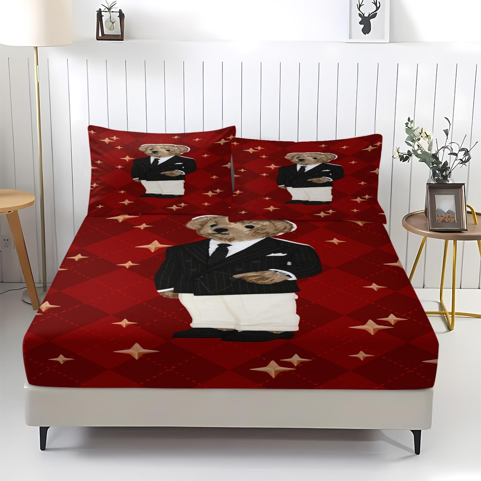 Teddy Bear Pattern Bed Sheet, Comfortable Printed Pattern, Includes 1 Bed Sheet and 2 Pillowcases, Comfortable Bedding, Non slip Dust Cover Suitable for Bedroom and Guest Room, Suitable as a Gift for Children or Adults, Bed Sheets Set