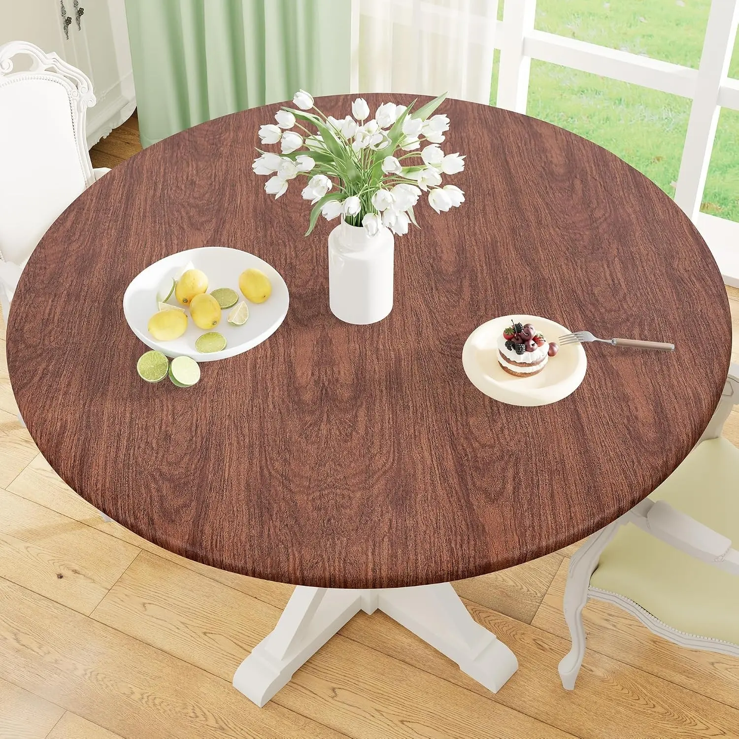 Round Fitted Tablecloth with Elastic Edge, 100% Waterproof Oil Proof Plastic Table Cover, Vinyl Flannel Backed Tablecloth Fits 31"-35" Round Table for Dinner, Outdoor, Picnic, Oak Wooden Grain