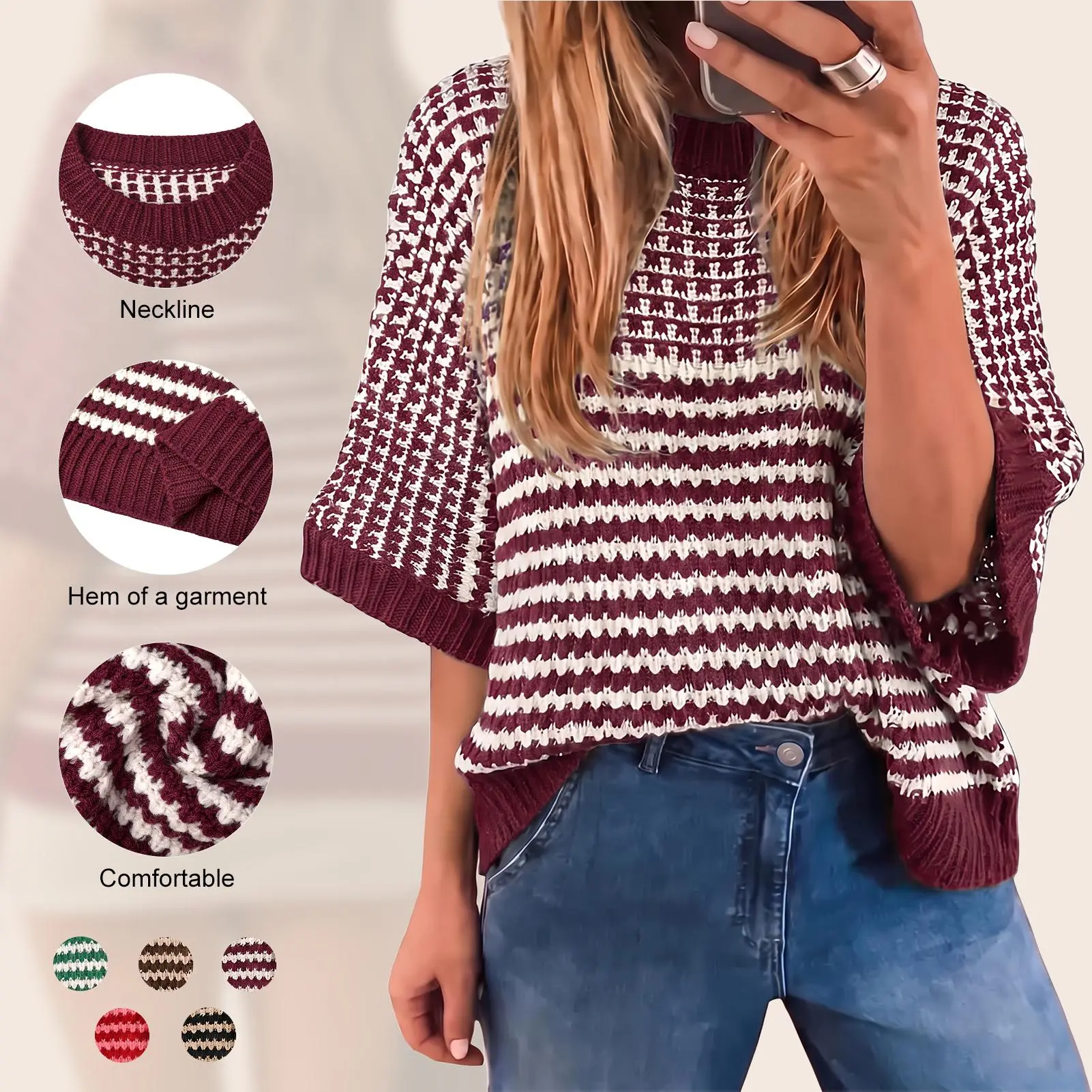 Imily Bela Women's Casual Elbow Sleeve Knit Sweater Two Tone Striped Hollow Out Textured Short Top