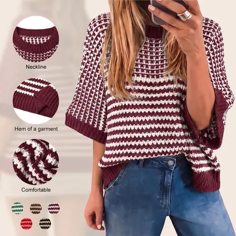 Imily Bela Women's Casual Elbow Sleeve Knit Sweater Two Tone Striped Hollow Out Textured Short Top