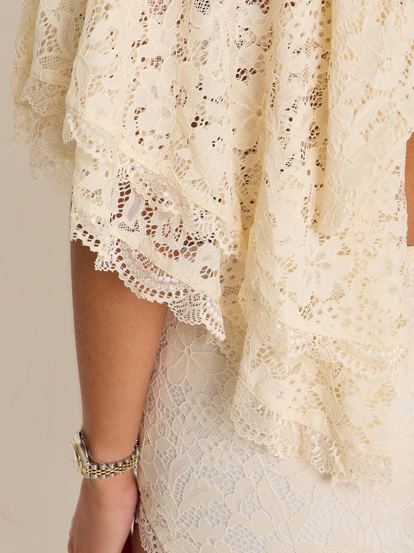 Cream Lace Half-Neck Cape Short Sleeve Top, Loose Batwing Sleeves, French Style, Chic, Versatile for Multiple Occasions