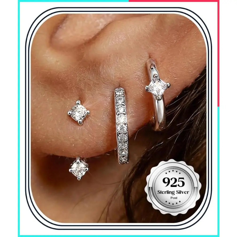 3 Pairs 925 Sterling Silver Earrings for Women, 14K Gold Plated Small Huggie Hoop Earrings for Multiple Piercing, CZ Cartilage Stack Earrings, Hypoallergenic Trendy Jewelry Gift for Sensitive Ears