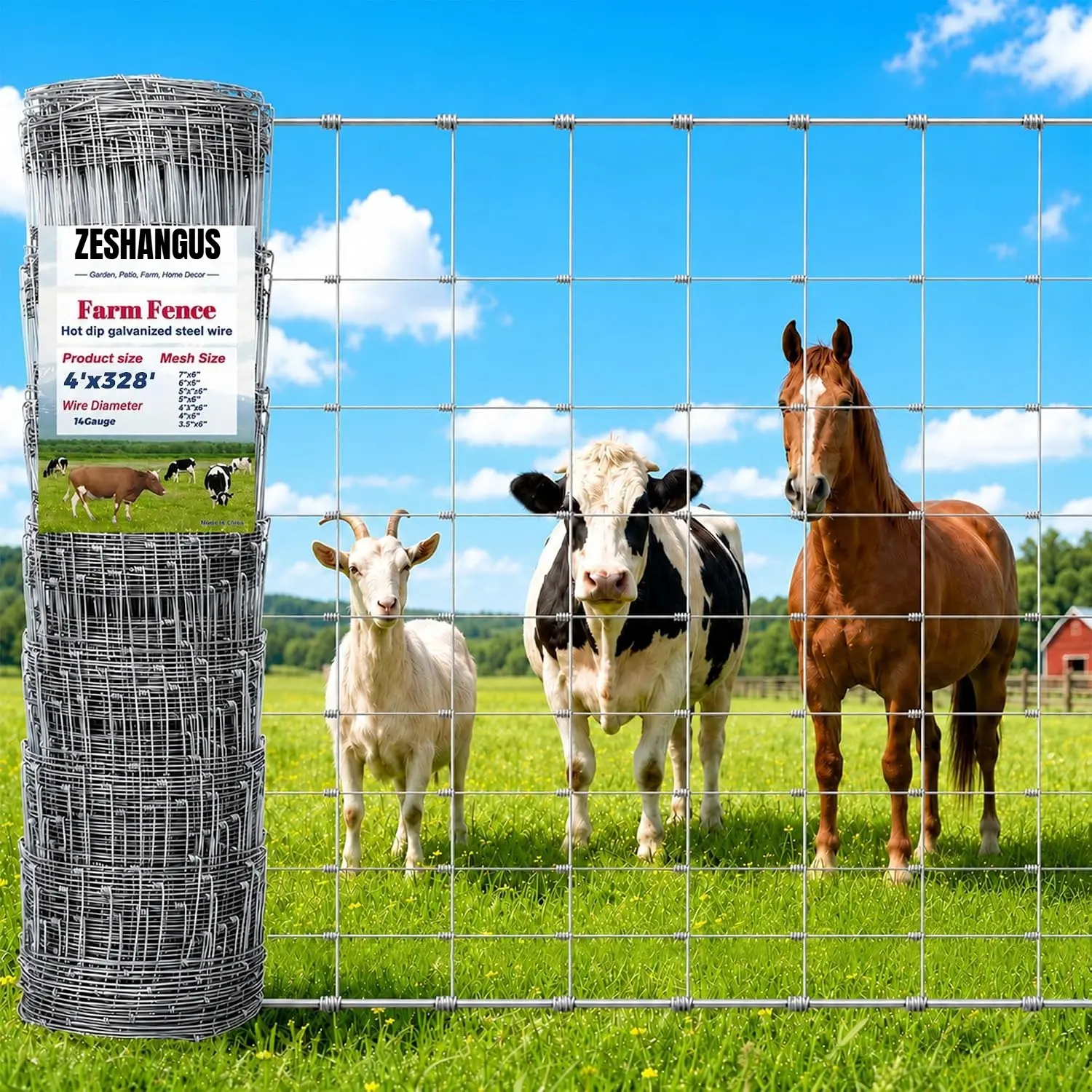 Cattle Fence 4 ft x 328 ft 14 Gauge Galvanized Farm Fence Livestock Fencing | Galvanized woven wire field fence for livestock containment, cattle, horses, farms, ranches, pastures and animal enclosures