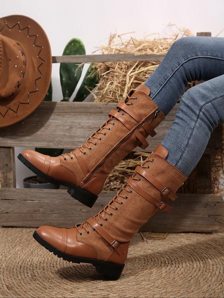 Women's Long Motorcycle Boots, Western Style Round Toe Thick Sole, Durable Comfortable Design, Perfect for Casual Wear