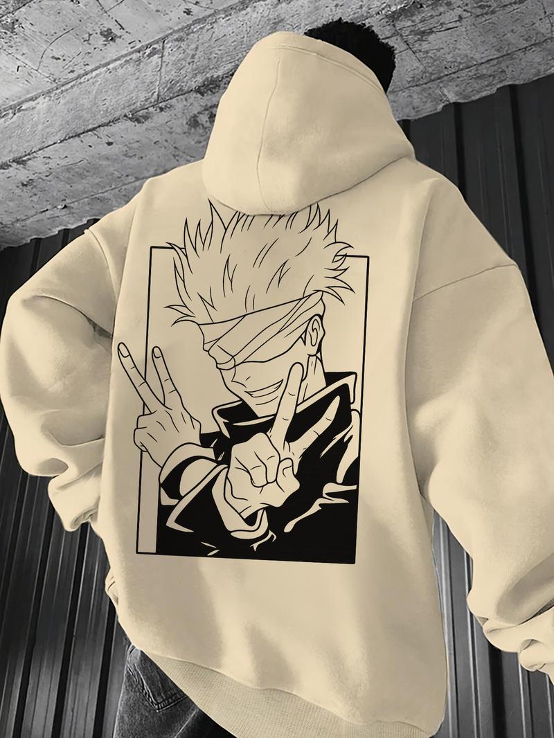 Men's White 'Jujutsu Kaisen Gojo Satoru Black & White Anime Graphic' Oversized Hoodie - Streetwear Anime Casual Pullover, Featuring Iconic Gojo Satoru from Jujutsu Kaisen with Bold Line Art Design, Ideal for Anime Enthusiasts, Graphic Print Hoodie