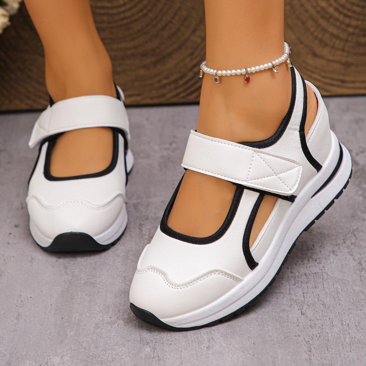 Women Hollow Out Wedge Sneaker Sandals, Breathable Hook & Loop Platform Walking Shoes, Color Block Casual Outdoor Shoes