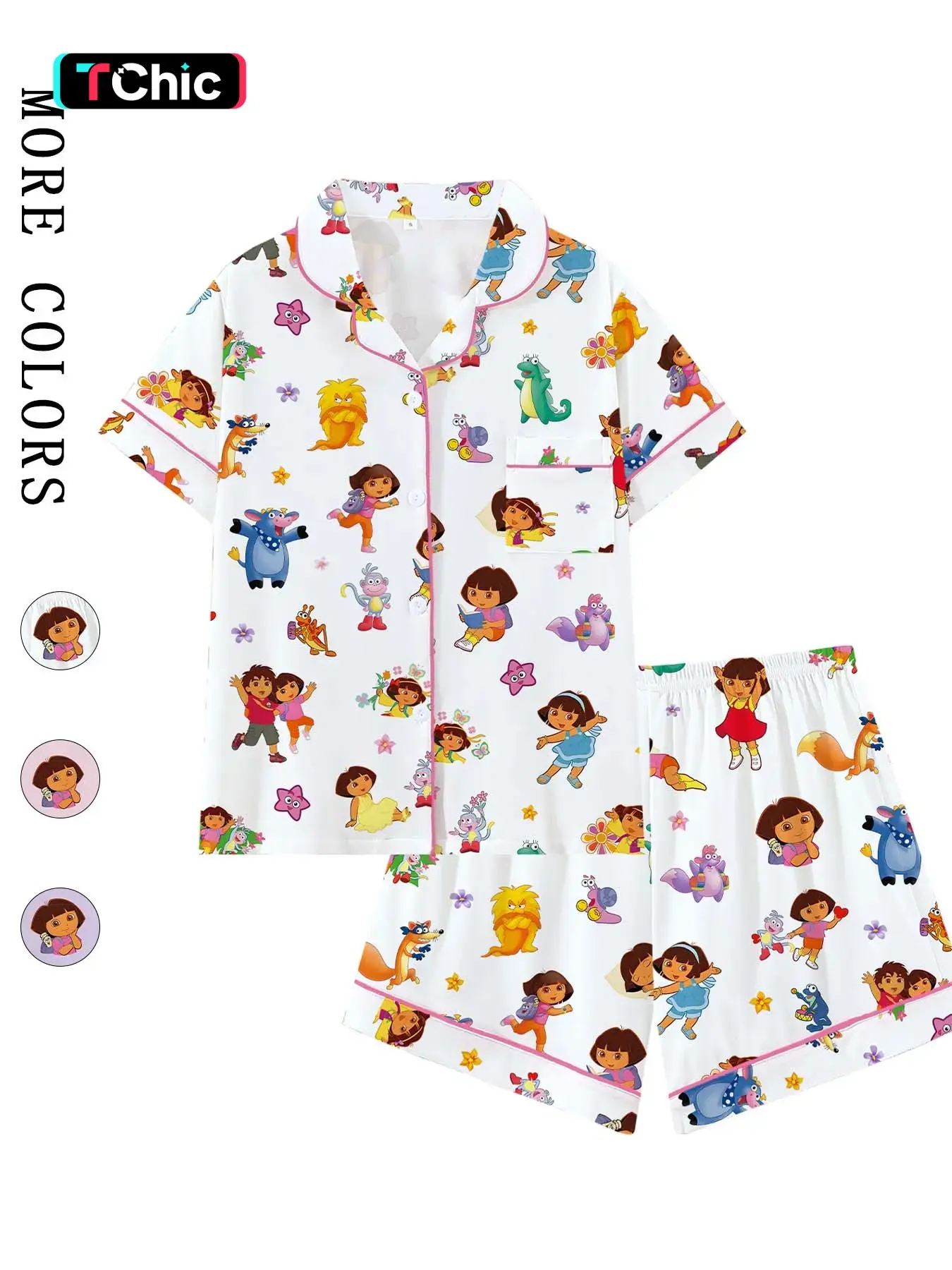 Women's 90s/00s Cartoon Character Print Pajama Set, Cute Short Sleeve Button Front Shirt & Elastic Waist Shorts Set, Loungewear, Casual 2-Piece Sleepwear for Nostalgic Fans, Contrast Binding Pjs