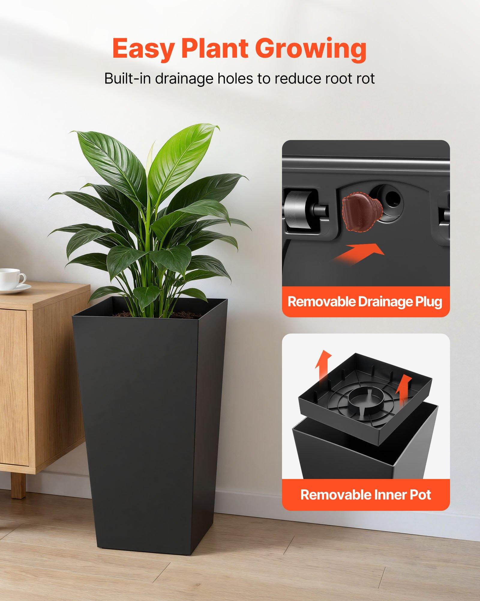 VEVOR Tall Planters Set of 2, 26 Inch Large Outdoor Taper Planters for Outdoor Indoor Plants, Front Porch Plastic Modern Flower Pots with Casters, Inner Pot & Drainage Holes for Patio, Garden, Black