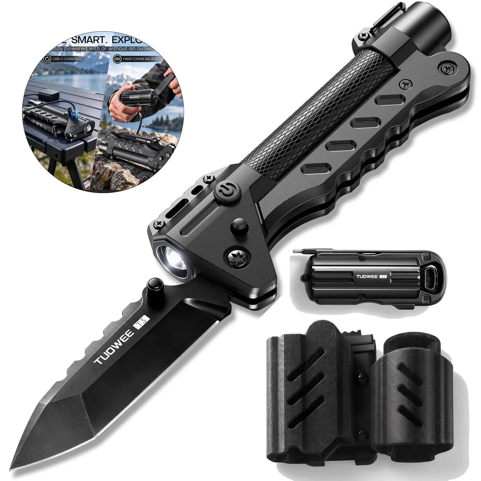 Tactical LED Flashlight Rechargeable, Hand Crank & USB-C Dual Charging, Super Bright IPX6 Waterproof Flashlight, Zoomable 5 Modes, Portable EDC Handheld Light for Camping Hiking Hunting Emergency Gift for Men