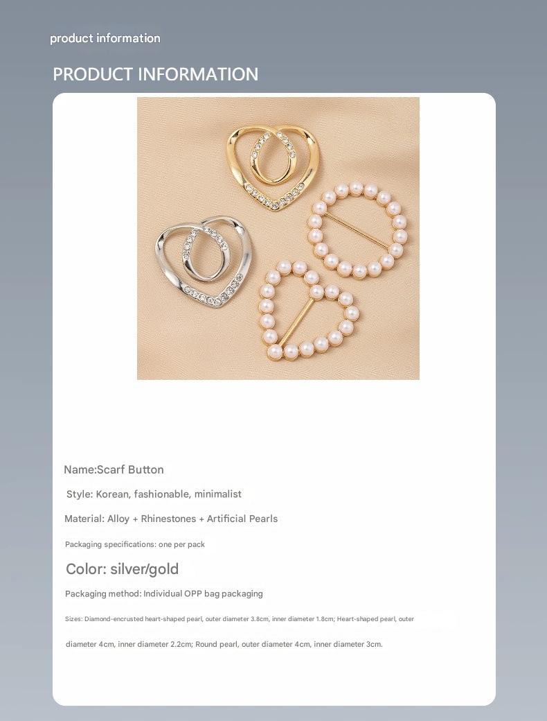 Hem knotting, heart-shaped pearl and rhinestone buckle, scarf buckle, versatile fastener for shirts and T-shirts.