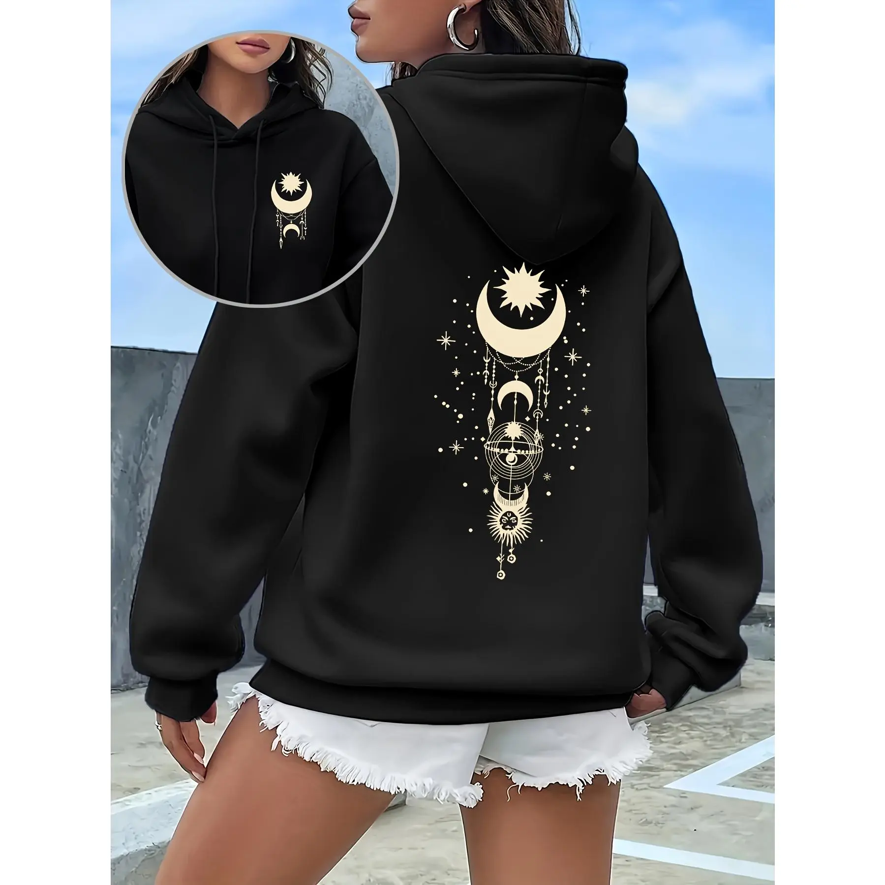 Celestial Sun Moon Star Graphic Hoodie, Mystical Boho Front & Back Print Oversized Hooded Sweatshirt for Women