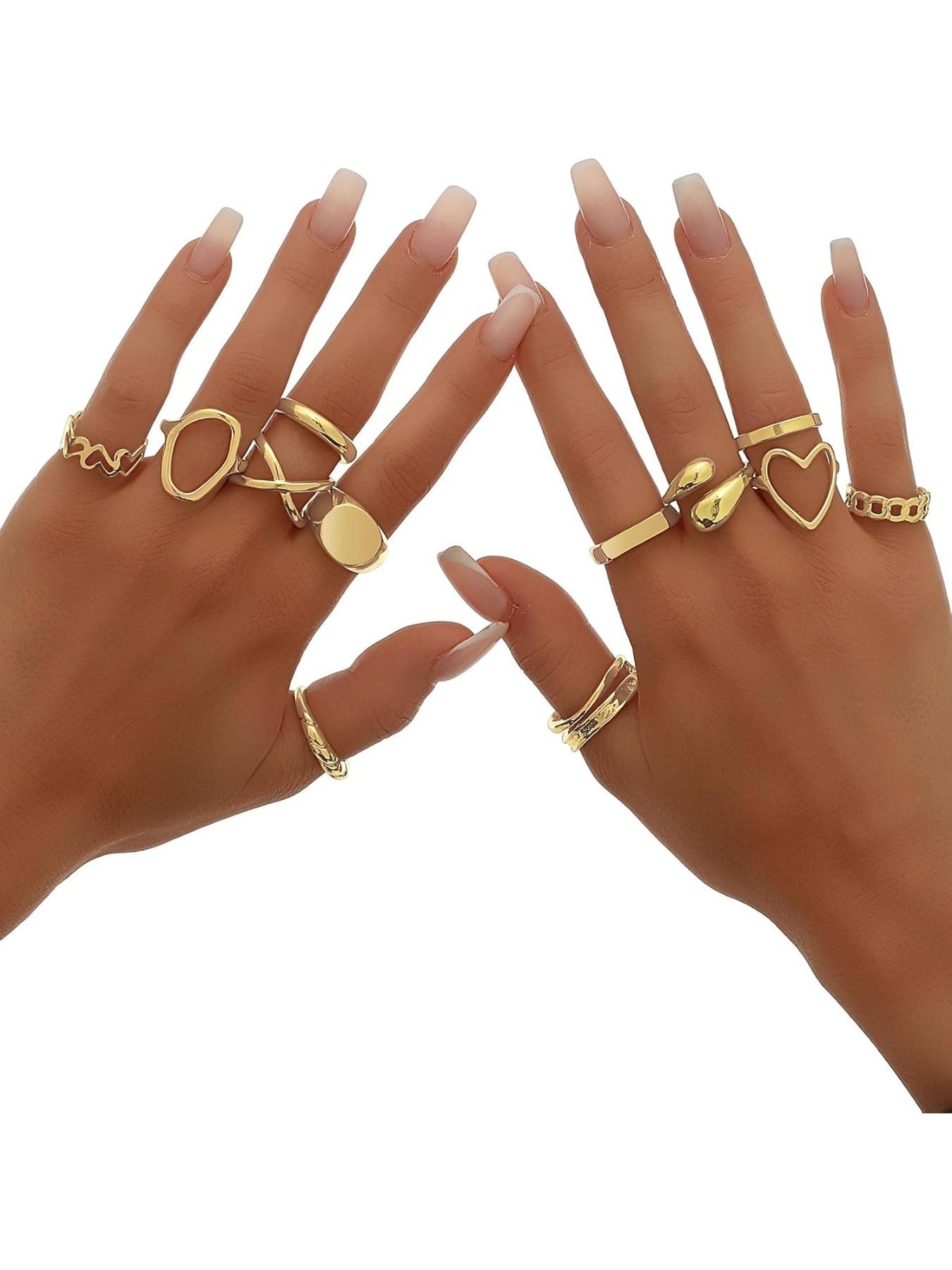 12 Pcs Stacked Rings Set, 18k Gold Plated, Open Jump Ring, Heart Pattern, Casual Style, All Seasons, Sizes 4-9, Silver Color